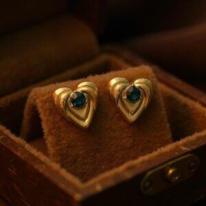 Vintage Krementz Heart Earrings Gold Tone Blue Rhinestone Studs Art Deco Style